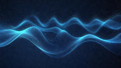 The primary subject of the image is a blue wave or ripple pattern. The setting is a dark background, which contrasts with the blue wave. The visual style is a digital art or illustration, as the wave appears to be a digital representation. The colors and mood of the image are predominantly blue, creating a calm and serene atmosphere.