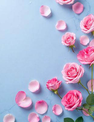 The primary subject of the image is a bouquet of pink roses. The setting is a blue wall, which serves as the backdrop for the roses. The visual style is a close-up of the roses, showcasing their beauty and details. The colors and mood of the image are predominantly pink, creating a warm and romantic atmosphere.