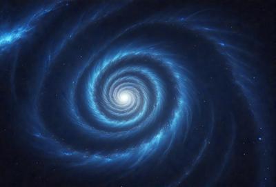 The primary subject of the image is a spiral galaxy, which is a large, swirling mass of stars and gas. The spiral galaxy is set against a dark, star-filled sky, creating a striking contrast. The visual style of the image is a combination of photo and digital art, as it captures the beauty and intricacy of the galaxy. The colors and mood of the image are predominantly dark and dramatic, emphasizing the vastness and complexity of the galaxy.