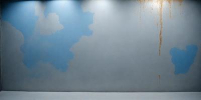The primary subject of the image is a large, blue map painted on a wall. The setting is a room with a white floor, and the visual style appears to be a painting or drawing. The colors and mood of the image are predominantly blue, creating a calm and serene atmosphere.
