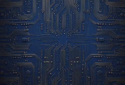 The primary subject of the image is a close-up of a blue surface with a pattern of electronic circuitry. The setting is a blue background, and the visual style appears to be a combination of digital art and illustration. The dominant colors are blue and gold, creating a modern and sophisticated atmosphere.