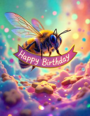 The primary subject of the image is a bee, which is the main focus of the scene. The bee is standing on a pink and purple background, which adds a vibrant and colorful touch to the image. The visual style of the image is a combination of photo and digital art, creating a unique and eye-catching representation of the bee. The colors and mood of the image are predominantly pink and purple, giving it a cheerful and lively atmosphere.