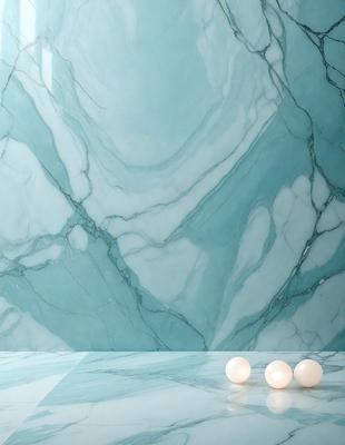 The primary subject of the image is a marble wall with a blue tint. The setting is a room with a blue-tinted marble wall, and the visual style is a photo. The colors and mood of the image are predominantly blue, creating a calm and serene atmosphere.