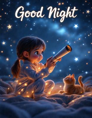 The primary subject of the image is a young girl sitting on a bed, looking at a telescope. The setting is a bedroom, with a bed visible in the background. The visual style is a digital art illustration, creating a warm and cozy atmosphere. The colors are predominantly soft and pastel, with the girl's outfit and the bedroom environment being predominantly white.