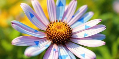 The primary subject of the image is a purple flower with a yellow center. The setting is a garden, and the visual style is a close-up of the flower. The dominant colors are purple and yellow, creating a vibrant and lively atmosphere.