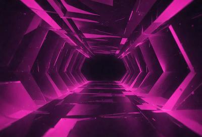 The primary subject of the image is a tunnel-like structure with a pink lighting effect. The setting is a dark room, and the visual style appears to be a combination of digital art and illustration. The dominant colors are pink and purple, creating a unique and visually striking atmosphere.