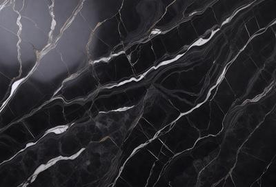 The primary subject of the image is a marble countertop with a black and white pattern. The setting is a kitchen, and the visual style is a close-up of the countertop. The colors and mood of the image are predominantly black and white, giving it a classic and elegant appearance.