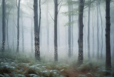 The primary subject of the image is a forest with trees and a path. The setting is a foggy, misty environment, creating a mysterious and serene atmosphere. The visual style is a combination of photo and digital art, with the trees and path appearing as a blend of natural elements and digital patterns. The colors and mood are predominantly dark and moody, with the fog and mist adding a sense of depth and intrigue to the scene.