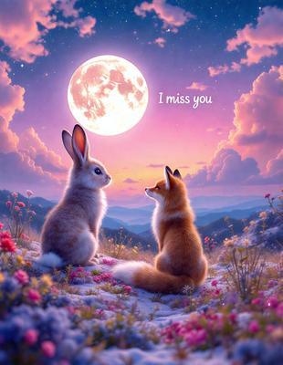 The primary subject of the image is a fox and a rabbit sitting together in a field. The setting is a beautiful, colorful field with flowers and a moon in the background. The visual style is a digital art or illustration, creating a whimsical and charming atmosphere. The dominant colors are pink, purple, and white, which contribute to the overall mood of the scene.
