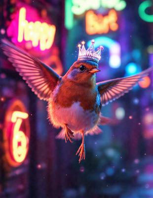 The primary subject of the image is a bird, specifically a small bird with a crown on its head. The bird is flying in the air, surrounded by a colorful and vibrant environment. The setting includes a backdrop of neon lights, which adds a lively and festive atmosphere to the scene. The visual style of the image is a combination of photo and digital art, creating a unique and eye-catching representation of the bird. The colors and mood of the image are predominantly bright and cheerful, with