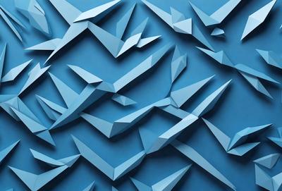 The primary subject of the image is a blue wall with a pattern of paper cranes on it. The setting is a room with a blue background, and the visual style is a combination of digital art and illustration. The dominant colors are blue and white, creating a calm and soothing atmosphere.