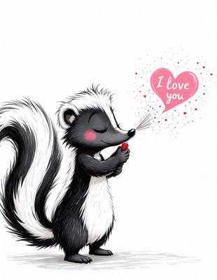 The primary subject of the image is a black and white cartoon of a skunk, which is the main object, scene, or focus of the image. The setting/background features a white surface, and the visual style is a digital art or illustration. The colors and mood of the image are predominantly black and white, giving it a classic and timeless appearance.