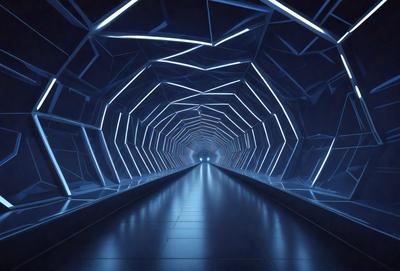 The primary subject of the image is a long, narrow tunnel with a blue lighting effect. The tunnel appears to be made of metal, and it has a futuristic, high-tech appearance. The setting is a dark, enclosed space, and the visual style is a combination of a photo and digital art. The dominant colors are blue and black, creating a moody and mysterious atmosphere.