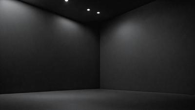 The primary subject of the image is a black room with a white ceiling. The setting is a dark room with a white ceiling, and the visual style is a black and white photo. The dominant colors are black and white, creating a moody atmosphere.