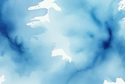 The primary subject of the image is a blue and white painting of a cloudy sky. The setting is a cloudy sky, and the visual style is a painting. The dominant colors are blue and white, creating a calm and serene atmosphere.