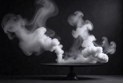 The primary subject of the image is a black plate with smoke rising from it. The setting is a dark room, and the visual style appears to be a photo. The colors and mood of the image are predominantly dark and mysterious, with the smoke creating a dramatic and atmospheric effect.