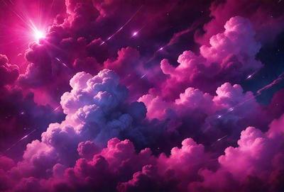 The primary subject of the image is a purple cloudy sky with pink clouds. The setting is a night sky, and the visual style is a digital art or illustration. The dominant colors are purple and pink, creating a serene and dreamy atmosphere.