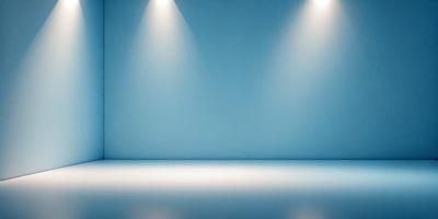 The primary subject of the image is a large, empty room with a blue background. The room appears to be a stage or a large, open space. The visual style of the image is a photo, capturing the emptiness of the room. The colors and mood of the image are predominantly blue, creating a calm and serene atmosphere.