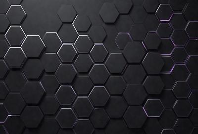 The primary subject of the image is a black and purple patterned wall. The setting is a dark room with a black background. The visual style is a close-up of the patterned wall, which gives a sense of depth and texture. The dominant colors are black and purple, creating a moody and dramatic atmosphere.
