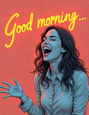 The primary subject of the image is a woman with long hair, who is smiling and laughing. She is wearing a blue shirt and appears to be enjoying herself. The setting is a red background, which adds a vibrant and lively atmosphere to the scene. The visual style is a combination of digital art and illustration, creating a dynamic and engaging image. The colors and mood convey a sense of happiness and positivity.