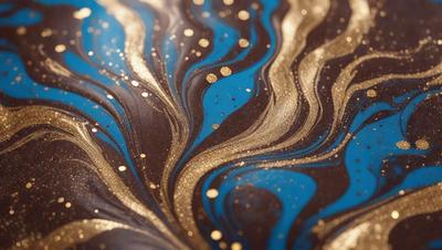 The primary subject of the image is a blue and gold swirl pattern, which appears to be a painting or a digital artwork. The setting is a table, and the visual style is a combination of photo and digital art. The dominant colors are blue and gold, creating a vibrant and lively atmosphere.