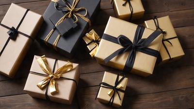 The primary subject of the image is a collection of gold and black wrapped presents. The presents are placed on a wooden table, which serves as the setting and background of the scene. The visual style of the image is a photo, capturing the details of the presents and their wrapping. The colors and mood of the image are warm and festive, with the gold and black colors evoking a sense of celebration and gift-giving.