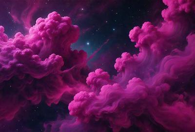 The primary subject of the image is a purple cloud with pink and red accents, floating in a dark, star-filled sky. The setting is a space environment, with the cloud surrounded by a backdrop of stars. The visual style is a digital art or illustration, creating a surreal and dreamy atmosphere. The dominant colors are purple, pink, and red, with the dark sky providing a contrasting backdrop.