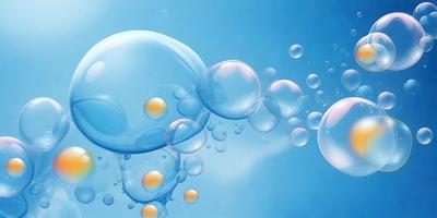 The primary subject of the image is a large, round, blue bubble with a yellow center. The bubble is floating in a blue sky, which serves as the setting and background of the scene. The visual style of the image is a combination of photo and digital art, creating a unique and eye-catching representation of the bubble. The dominant colors in the image are blue and yellow, giving it a vibrant and lively atmosphere.
