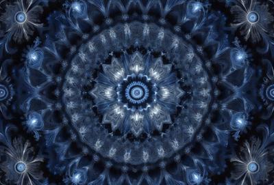 The primary subject of the image is a blue and white circular pattern, which appears to be a design or a part of a larger artwork. The setting is a blue background, which complements the colors of the circular pattern. The visual style of the image is a combination of digital art and illustration, creating a unique and intricate design. The dominant colors in the image are blue and white, giving it a calm and serene atmosphere.