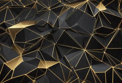 The primary subject of the image is a close-up of a gold and black geometric pattern. The setting is a black background, which contrasts with the gold and black pattern. The visual style appears to be a combination of digital art and illustration, creating a unique and intricate design. The dominant colors are gold and black, giving the pattern a bold and striking appearance.