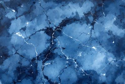 The primary subject of the image is a blue and white painting of a marble-like surface. The setting is a blue background, and the visual style appears to be a digital art or illustration. The dominant colors are blue and white, creating a calm and serene atmosphere.
