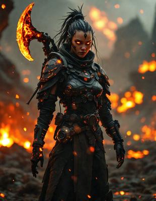 The primary subject of the image is a woman dressed in a costume, holding a large, glowing sword. She is standing in front of a backdrop of fire and lava, which adds to the dramatic and intense atmosphere of the scene. The visual style of the image is a combination of photo and digital art, creating a unique and captivating appearance. The colors and mood of the image are predominantly dark and intense, with the glowing sword and fiery background providing a striking contrast.