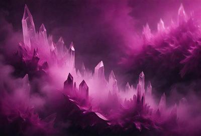 The primary subject of the image is a purple mountain with a cloudy sky in the background. The mountain is covered in a variety of crystals, giving it a unique and intriguing appearance. The visual style of the image is a combination of photo and digital art, creating a striking and captivating scene. The dominant colors in the image are purple and pink, which contribute to the overall mood of the image, evoking a sense of mystery and wonder.