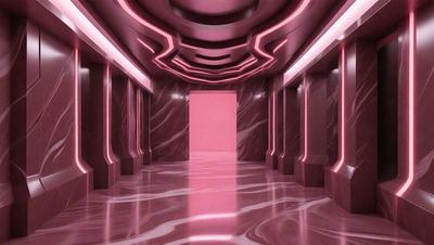 The primary subject of the image is a hallway with a pink color scheme. The setting is a marble-covered hallway, and the visual style appears to be a combination of photo and digital art. The colors and mood of the image are predominantly pink, creating a warm and inviting atmosphere.