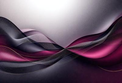 The primary subject of the image is a large, curved wave that appears to be made of wavy lines. The setting is a white wall, which serves as the background for the wave. The visual style is a combination of digital art and illustration, creating a dynamic and artistic representation of the wave. The dominant colors are pink and purple, giving the image a vibrant and energetic atmosphere.