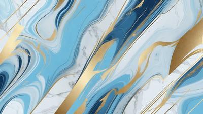The primary subject of the image is a marble wall with a gold and blue pattern. The setting is a room with a marble countertop. The visual style is a combination of digital art and illustration. The dominant colors are gold, blue, and white, creating a luxurious and elegant atmosphere.