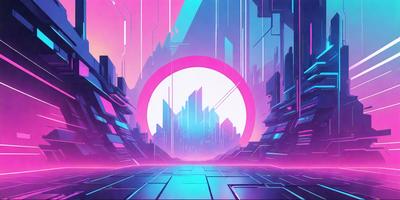 The primary subject of the image is a futuristic cityscape with a large, pink, glowing circle in the center. The setting is a futuristic city with a variety of buildings and structures surrounding the circle. The visual style is a digital art or illustration, creating a vibrant and colorful atmosphere. The dominant colors are pink and blue, with the pink circle being the focal point of the scene.