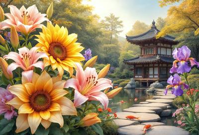 Primary subject: A beautiful garden with a variety of flowers, including sunflowers, lilies, and purple flowers.

Setting/background: The garden is situated next to a large building, possibly a temple or a pagoda, with a body of water nearby.

Visual style: The image is a digital art or illustration, featuring a vibrant and colorful scene.

Colors and mood: The garden is filled with a variety of bright and warm colors, creating a lively and cheerful