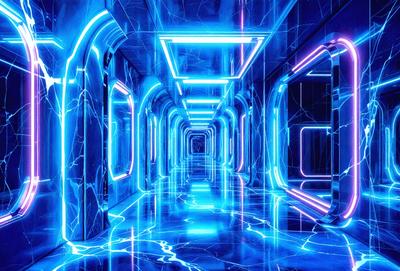 The primary subject of the image is a long, narrow hallway with a blue lighting effect. The setting is a futuristic, underground environment, possibly a space station or a subterranean facility. The visual style is a combination of digital art and illustration, creating a unique and captivating atmosphere. The dominant colors are blue and purple, which contribute to the futuristic and otherworldly mood of the scene.