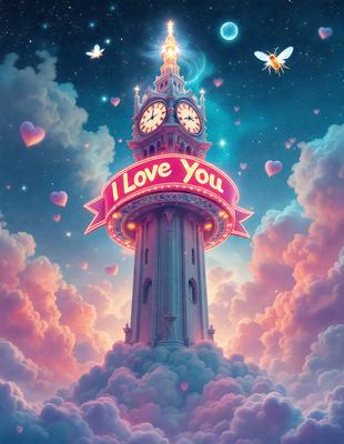 The primary subject of the image is a large, colorful clock tower with a heart-shaped sign on top. The tower is situated in a whimsical, cloudy sky, giving it a magical and playful appearance. The setting is a fantasy world, with the clock tower towering over the clouds and the heart sign adding a touch of love and warmth to the scene. The visual style is a combination of digital art and illustration, creating a vibrant and imaginative atmosphere. The colors and mood