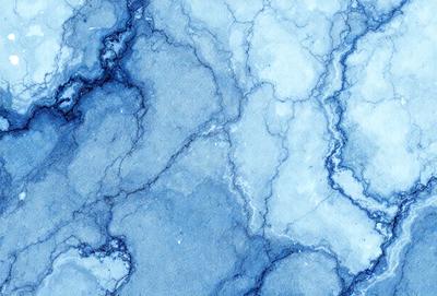 The primary subject of the image is a blue and white marbled surface, which appears to be a wall or a piece of art. The setting is a room with a blue and white color scheme. The visual style is a combination of digital art and illustration, creating a unique and artistic appearance. The dominant colors are blue and white, giving the scene a calm and serene atmosphere.