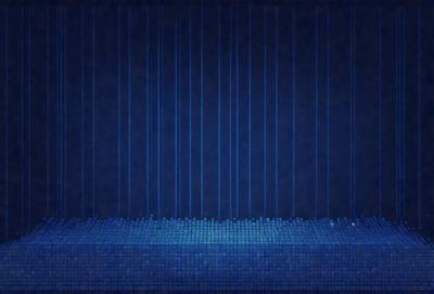 The primary subject of the image is a blue background with a pattern of blue squares. The setting is a dark room, and the visual style appears to be a digital art or illustration. The dominant colors are blue, and the overall atmosphere is calm and serene.