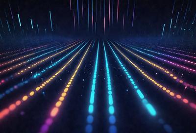 The primary subject of the image is a colorful, neon-lit pattern. The setting is a dark room, and the visual style appears to be a digital art or illustration. The dominant colors in the image are blue, green, and yellow, creating a vibrant and lively atmosphere.