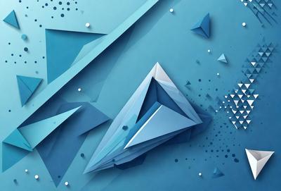 The primary subject of the image is a blue, three-dimensional geometric shape, which appears to be a blue triangle. The setting is a blue background, and the visual style is digital art. The dominant colors are blue and white, creating a calm and soothing atmosphere.
