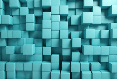 The primary subject of the image is a blue wall with a pattern of blue and white cubes. The setting is a room with a blue wall, and the visual style is a digital art or illustration. The dominant colors are blue and white, creating a calm and soothing atmosphere.