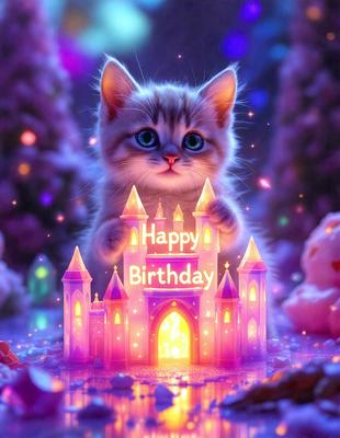 The primary subject of the image is a small kitten standing in front of a birthday castle. The setting is a purple and pink castle with a glowing effect, creating a magical and festive atmosphere. The visual style is a digital art or illustration, with the kitten and the castle being the main focus of the image. The colors and mood are predominantly purple and pink, giving the scene a warm and celebratory feel.