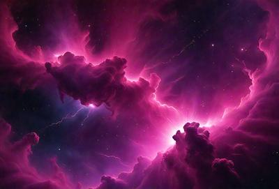 The primary subject of the image is a pink nebula with purple and red accents, set against a black background. The visual style appears to be a digital art or illustration, creating a vibrant and colorful atmosphere. The dominant colors and overall mood of the image are energetic and lively, with the pink nebula as the central focus.