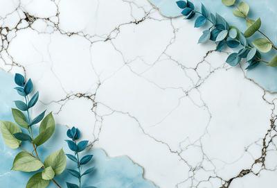 The primary subject of the image is a marble countertop with a blue tint. The setting is a kitchen or bathroom, as the countertop is a part of a counter. The visual style is a photo, showcasing the marble countertop's texture and color. The colors and mood of the image are predominantly blue, creating a calm and serene atmosphere.