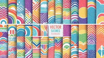 The primary subject of the image is a collection of colorful, abstract designs. These designs are displayed in a variety of patterns and shapes, creating a visually appealing and vibrant scene. The setting is a white background, which allows the designs to stand out and be the main focus of the image. The visual style is a combination of digital art and illustration, with the designs appearing to be both intricate and artistic. The colors and mood of the image are predominantly bright and lively, with the use of