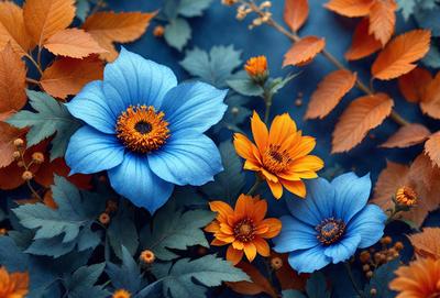 The primary subject of the image is a bouquet of flowers, featuring a mix of blue, orange, and yellow colors. The flowers are arranged in a visually appealing manner, with some of them placed in the foreground and others in the background. The setting appears to be a garden or a natural environment, with the flowers being the main focus of the scene. The visual style of the image is a combination of photo and digital art, creating a vibrant and lively atmosphere. The dominant colors of the flowers are blue, orange